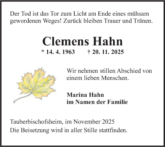 Traueranzeige von Clemens Hahn von Fränkische Nachrichten