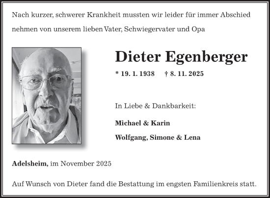 Traueranzeige von Dieter Egenberger von Fränkische Nachrichten