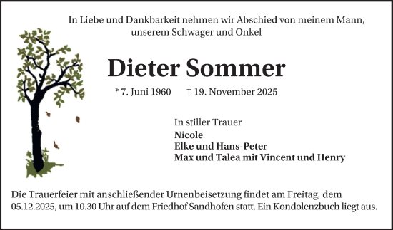 Traueranzeige von Dieter Sommer von Mannheimer Morgen