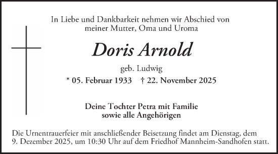 Traueranzeige von Doris Arnold von Mannheimer Morgen