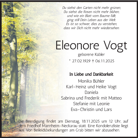 Traueranzeige von Eleonore Vogt von Mannheimer Morgen