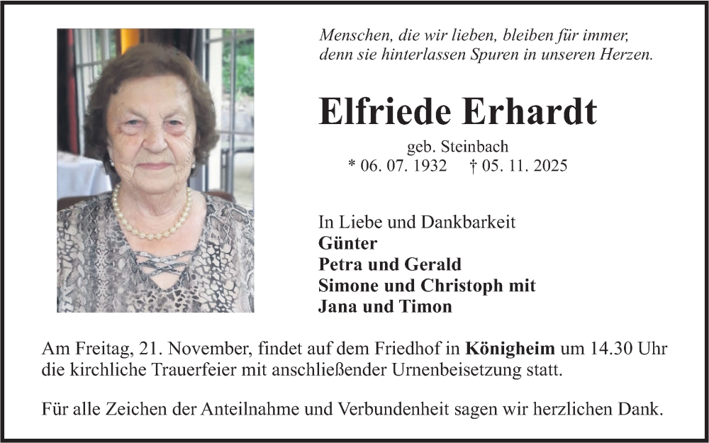  Traueranzeige für Elfriede Erhardt vom 15.11.2025 aus Fränkische Nachrichten
