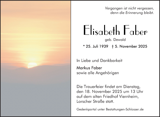 Traueranzeige von Elisabeth Faber von Mannheimer Morgen