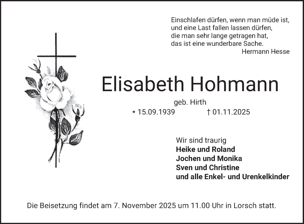  Traueranzeige für Elisabeth Hohmann vom 05.11.2025 aus Bergsträßer Anzeiger