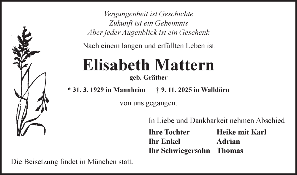  Traueranzeige für Elisabeth Mattern vom 13.11.2025 aus Fränkische Nachrichten
