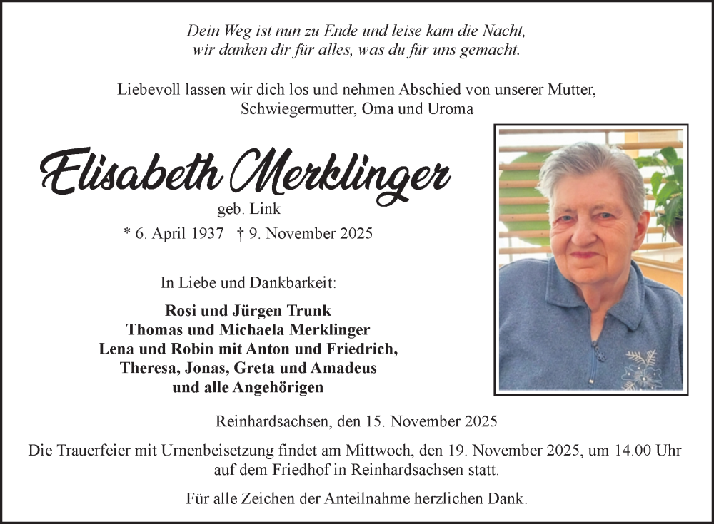 Traueranzeige für Elisabeth Merklinger vom 15.11.2025 aus Fränkische Nachrichten