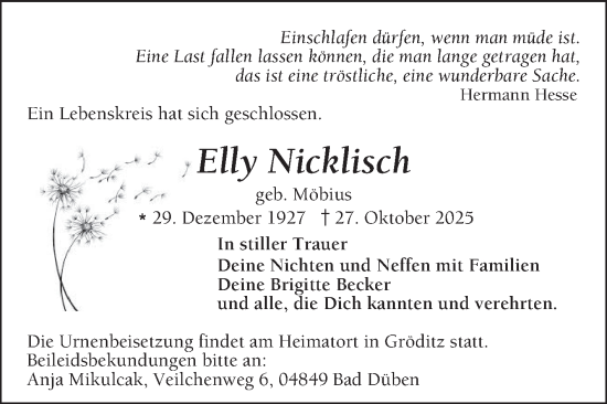 Traueranzeige von Elly Nicklisch von Mannheimer Morgen