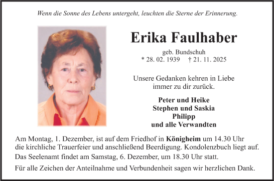 Traueranzeige von Erika Faulhaber von Fränkische Nachrichten