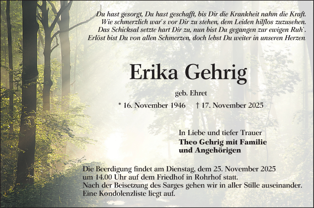  Traueranzeige für Erika Gehrig vom 22.11.2025 aus Schwetzinger Zeitung