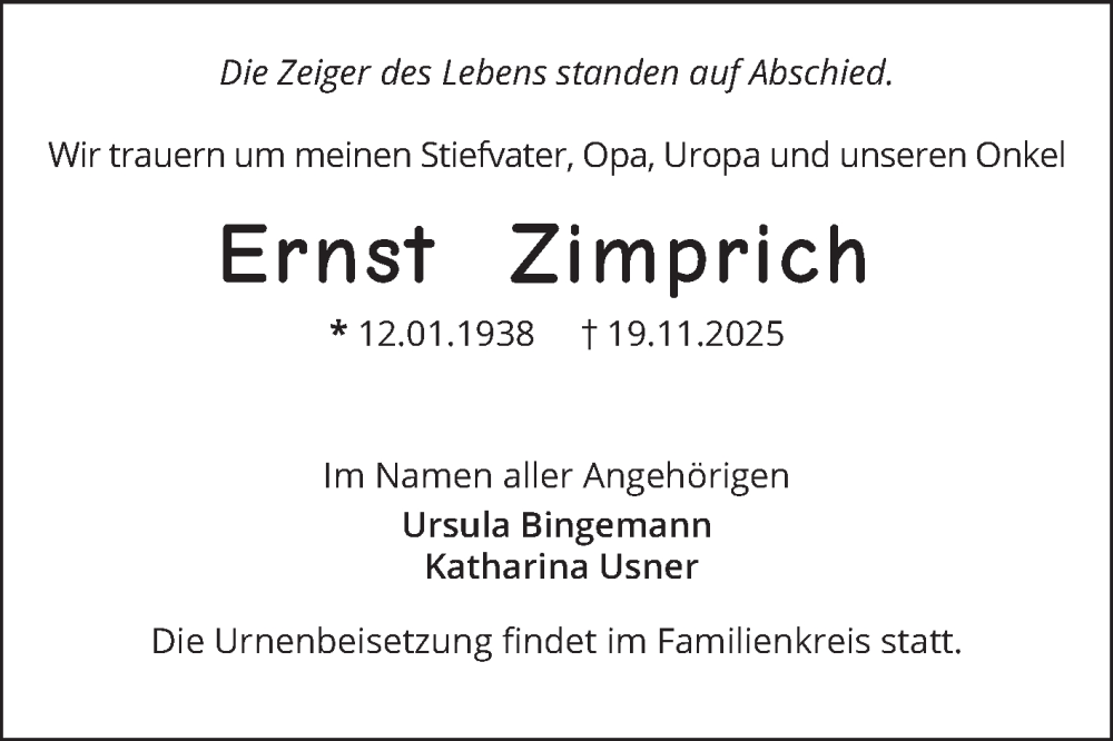  Traueranzeige für Ernst Zimprich vom 22.11.2025 aus Mannheimer Morgen