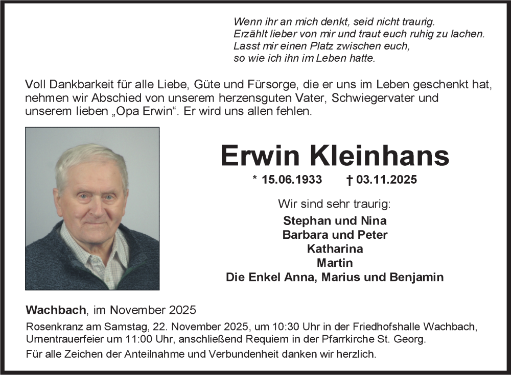  Traueranzeige für Erwin Kleinhans vom 19.11.2025 aus Fränkische Nachrichten