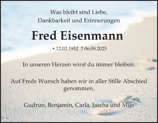 Traueranzeige von Fred Eisenmann von Schwetzinger Zeitung