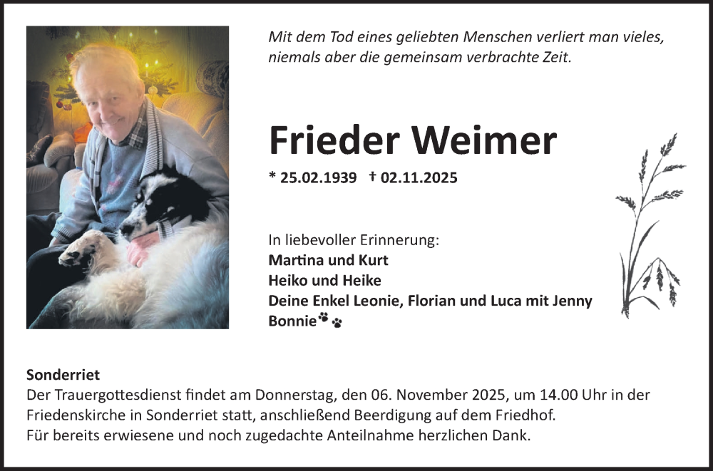  Traueranzeige für Frieder Weimer vom 05.11.2025 aus Fränkische Nachrichten