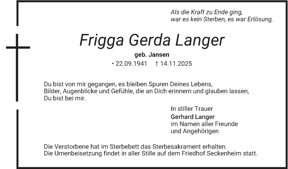  Traueranzeige für Frigga Gerda Langer vom 22.11.2025 aus Mannheimer Morgen