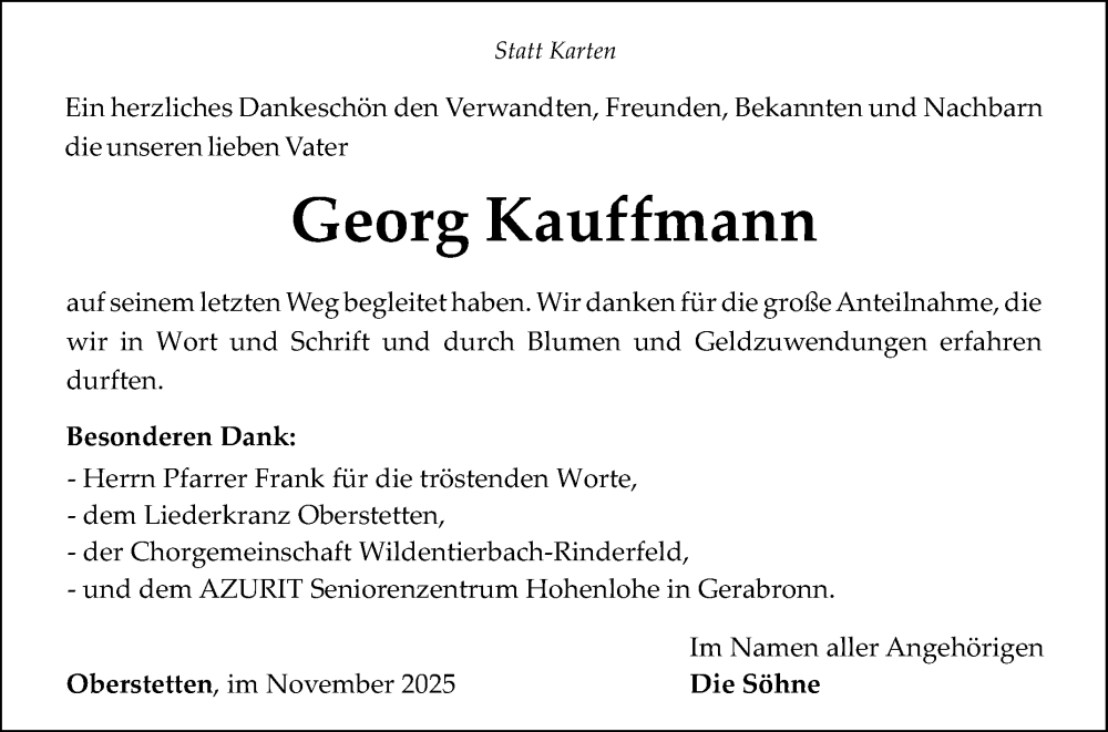  Traueranzeige für Georg Kauffmann vom 11.11.2025 aus Fränkische Nachrichten