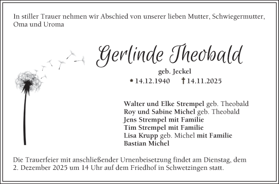 Traueranzeige von Gerlinde Theobald von Schwetzinger Zeitung
