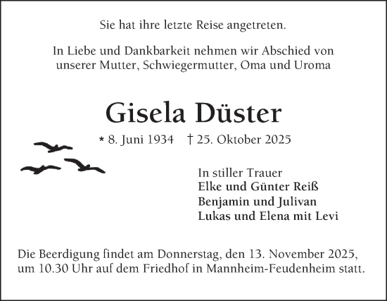Traueranzeige von Gisela Düster von Mannheimer Morgen