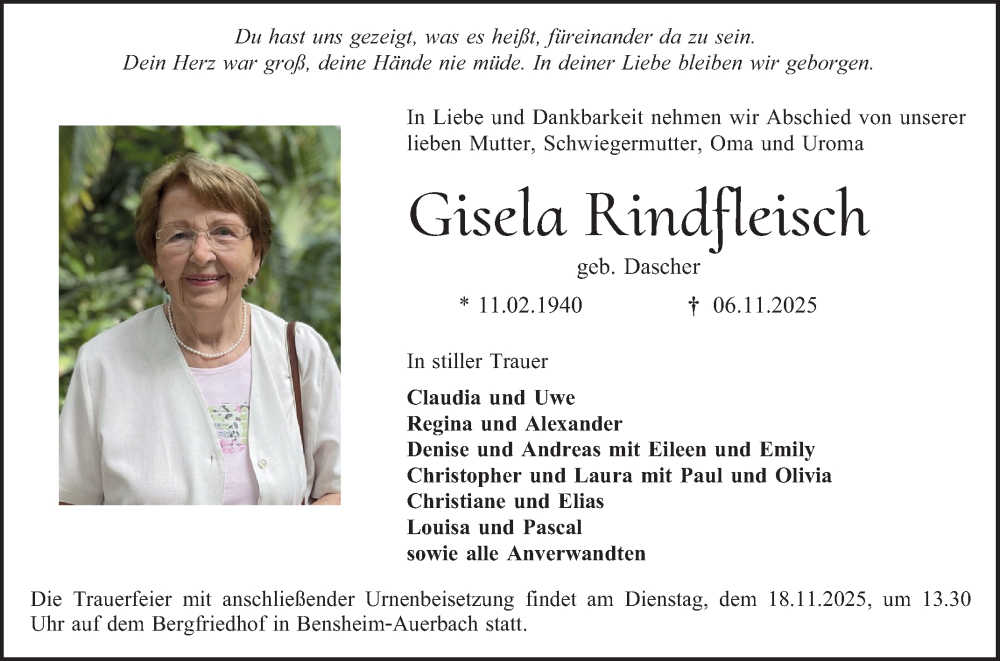  Traueranzeige für Gisela Rindfleisch vom 15.11.2025 aus Bergsträßer Anzeiger