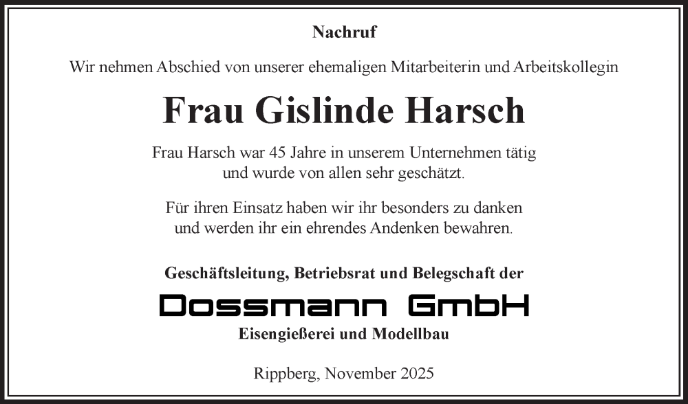  Traueranzeige für Gislinde Harsch vom 03.11.2025 aus Fränkische Nachrichten