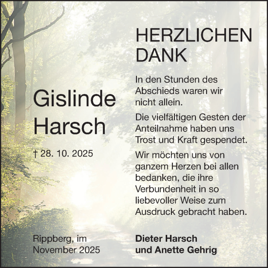 Traueranzeige von Gislinde Harsch von Fränkische Nachrichten