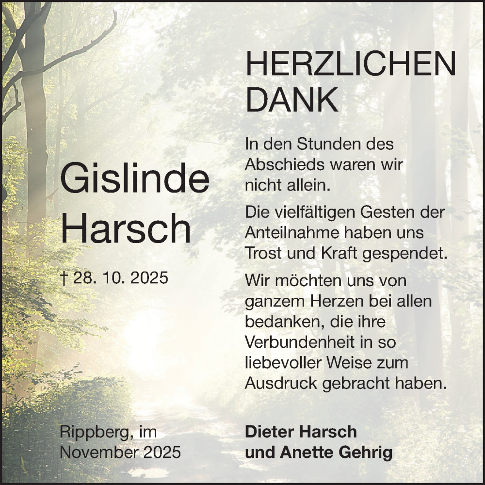  Traueranzeige für Gislinde Harsch vom 22.11.2025 aus Fränkische Nachrichten