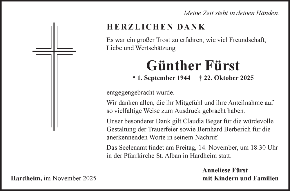  Traueranzeige für Günther Fürst vom 12.11.2025 aus Fränkische Nachrichten