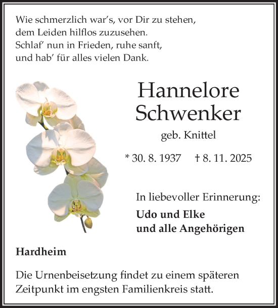 Traueranzeige von Hannelore Schwenker von Fränkische Nachrichten