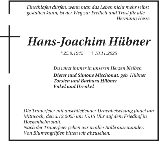 Traueranzeige von Hans-Joachim Hübner von Schwetzinger Zeitung