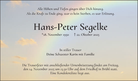 Traueranzeige von Hans-Peter Segelke von Schwetzinger Zeitung