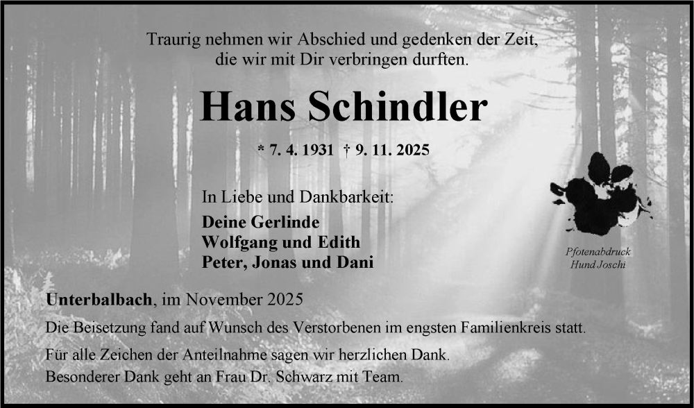  Traueranzeige für Hans Schindler vom 27.11.2025 aus Fränkische Nachrichten