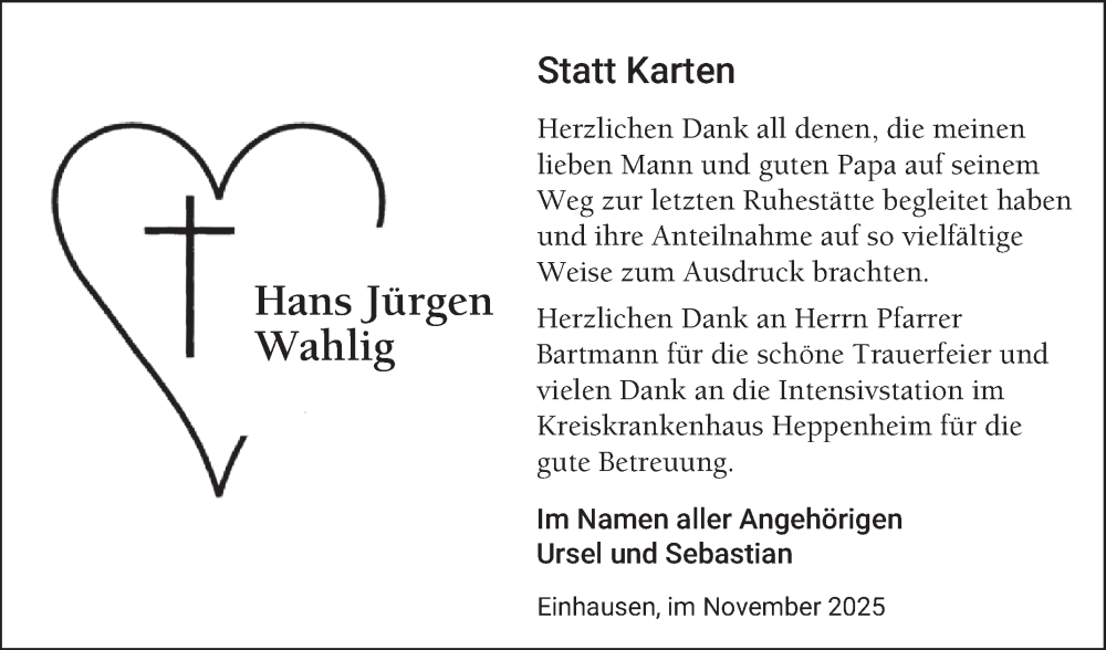  Traueranzeige für Hans Jürgen Wahlig vom 08.11.2025 aus Bergsträßer Anzeiger