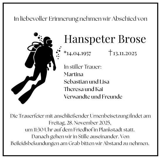 Traueranzeige von Hanspeter Brose von Schwetzinger Zeitung