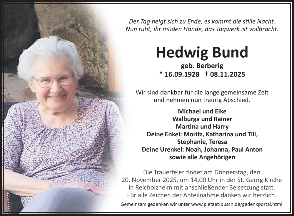  Traueranzeige für Hedwig Bund vom 15.11.2025 aus Fränkische Nachrichten