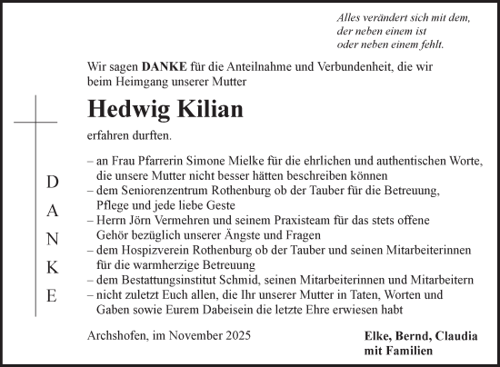 Traueranzeige von Hedwig Kilian von Fränkische Nachrichten
