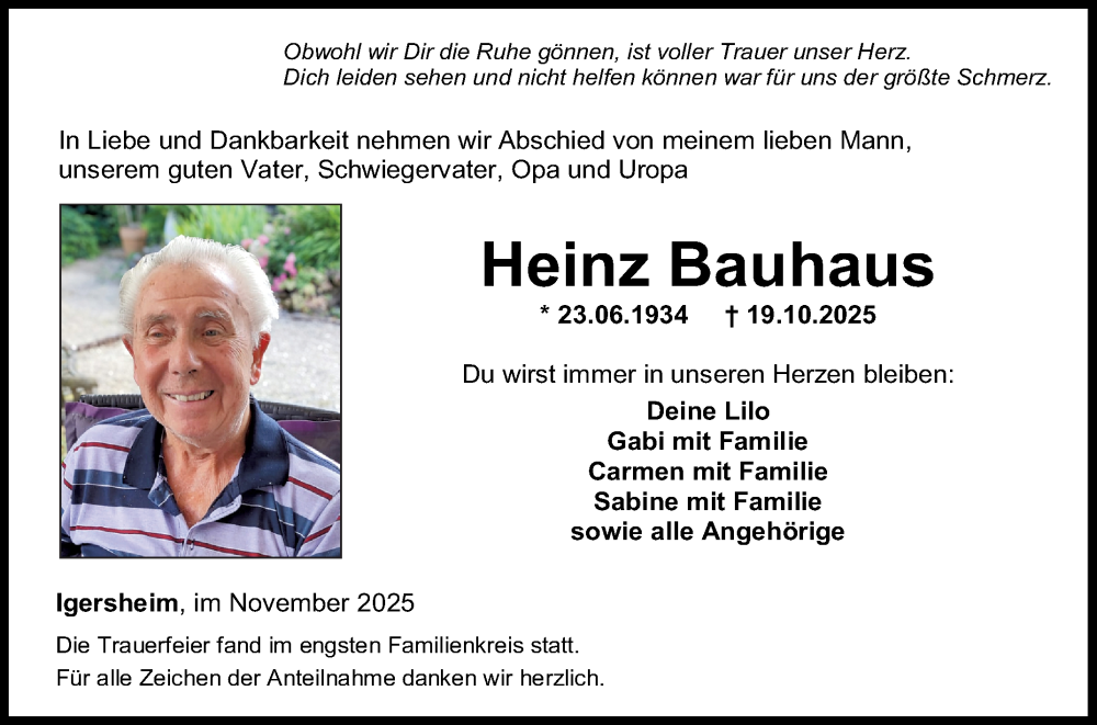  Traueranzeige für Heinz Bauhaus vom 06.11.2025 aus Fränkische Nachrichten