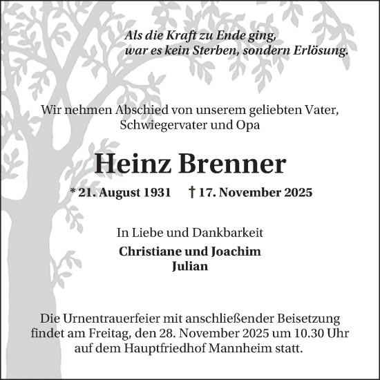 Traueranzeige von Heinz Brenner von Mannheimer Morgen