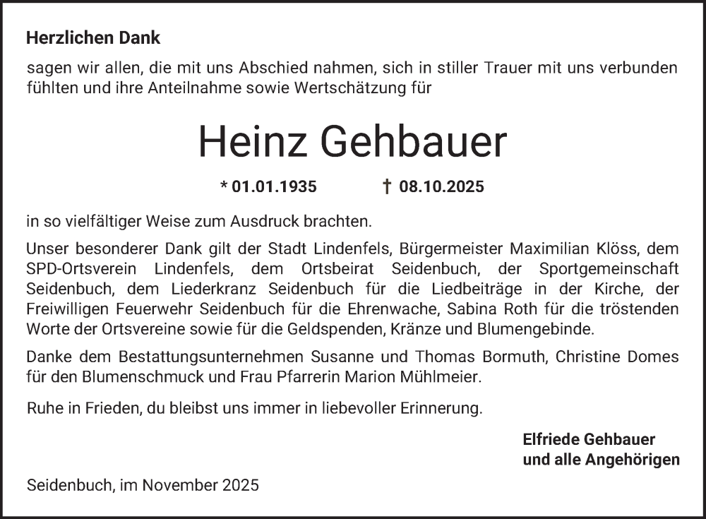  Traueranzeige für Heinz Gehbauer vom 29.11.2025 aus Bergsträßer Anzeiger