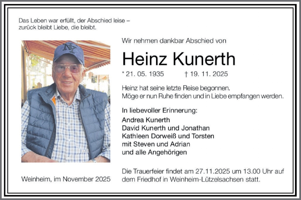  Traueranzeige für Heinz Kunerth vom 25.11.2025 aus Mannheimer Morgen
