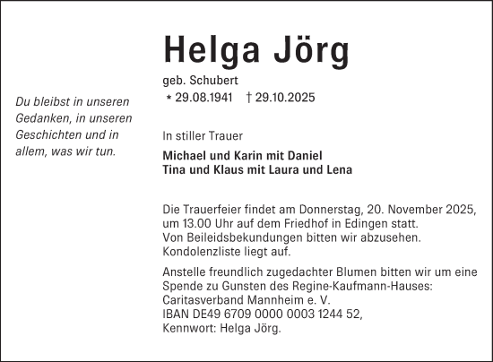 Traueranzeige von Helga Jörg von Mannheimer Morgen