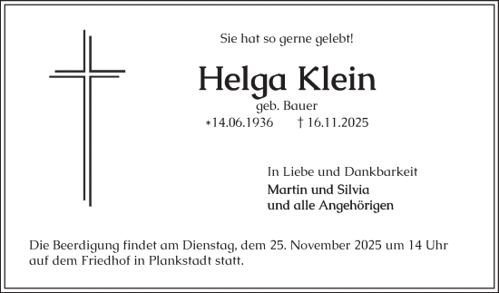 Traueranzeige von Helga Klein von Schwetzinger Zeitung