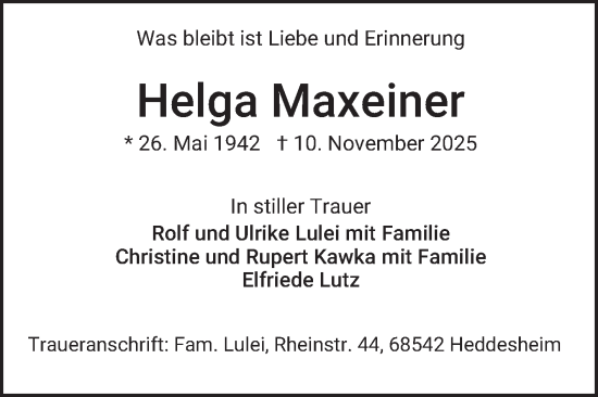 Traueranzeige von Helga Maxeiner von Mannheimer Morgen