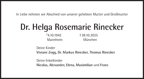 Traueranzeige von Helga Rosemarie Rinecker von Mannheimer Morgen