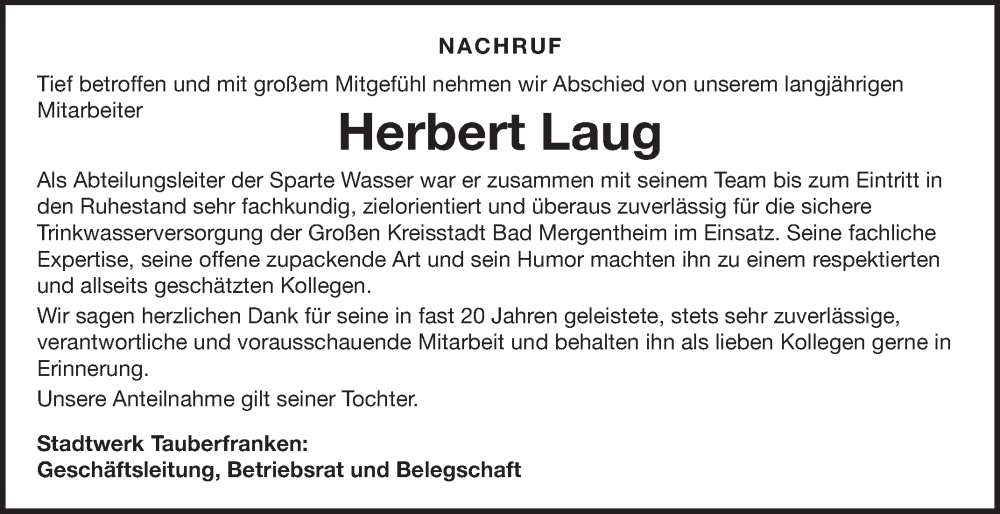  Traueranzeige für Herbert Laug vom 19.11.2025 aus Fränkische Nachrichten