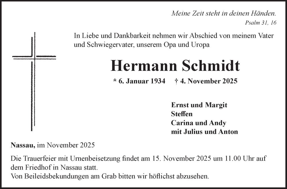  Traueranzeige für Hermann Schmidt vom 12.11.2025 aus Fränkische Nachrichten