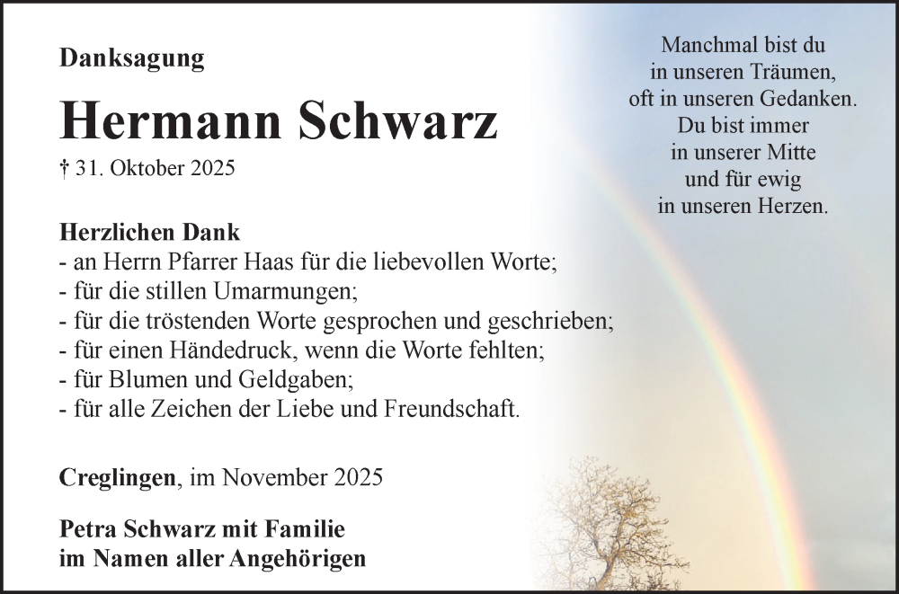  Traueranzeige für Hermann Schwarz vom 28.11.2025 aus Fränkische Nachrichten