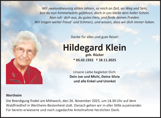 Traueranzeige von Hildegard Klein von Fränkische Nachrichten