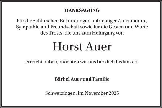 Traueranzeige von Horst Auer von Schwetzinger Zeitung