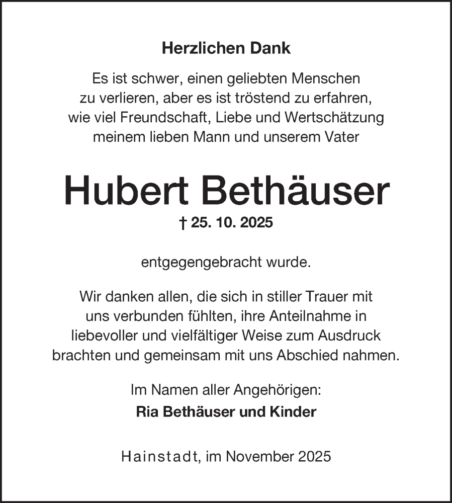  Traueranzeige für Hubert Bethäuser vom 15.11.2025 aus Fränkische Nachrichten