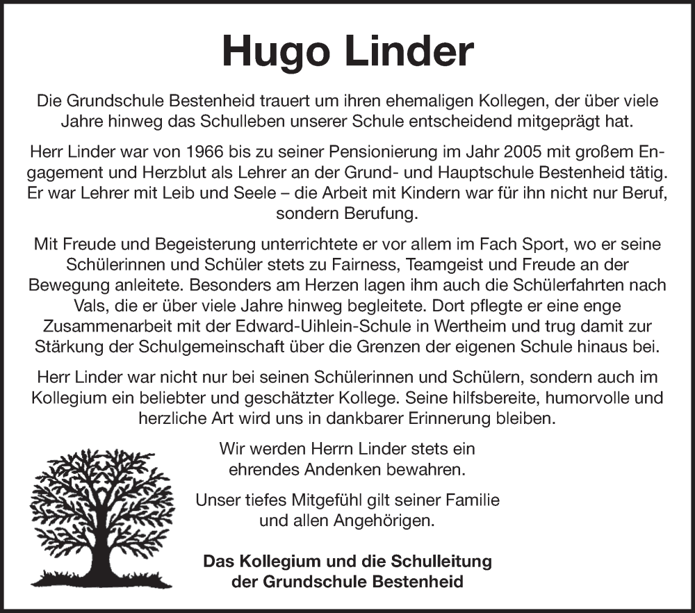  Traueranzeige für Hugo Linder vom 15.11.2025 aus Fränkische Nachrichten