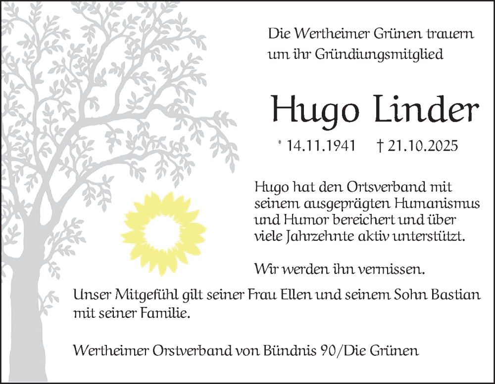  Traueranzeige für Hugo Linder vom 08.11.2025 aus Fränkische Nachrichten